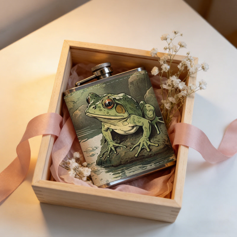 Two green frogs on stone by water One 8oz Flask – Carries Whiskey, Wine & Juice, Portable Outdoor Gift for Friends