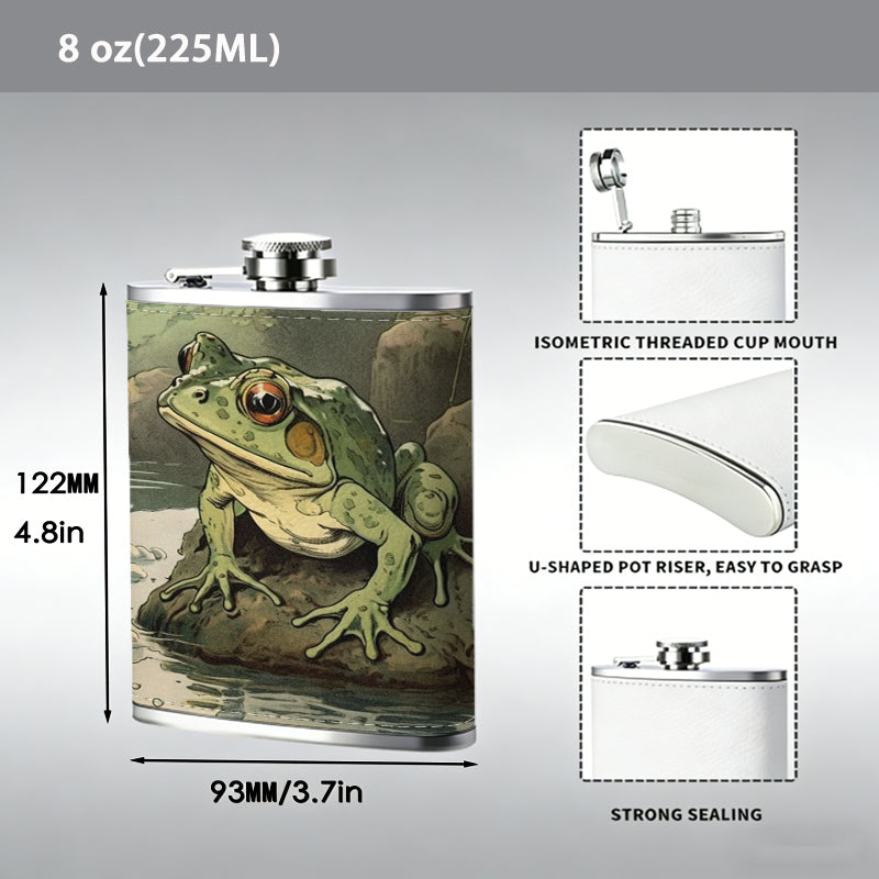 Two green frogs on stone by water One 8oz Flask – Carries Whiskey, Wine & Juice, Portable Outdoor Gift for Friends
