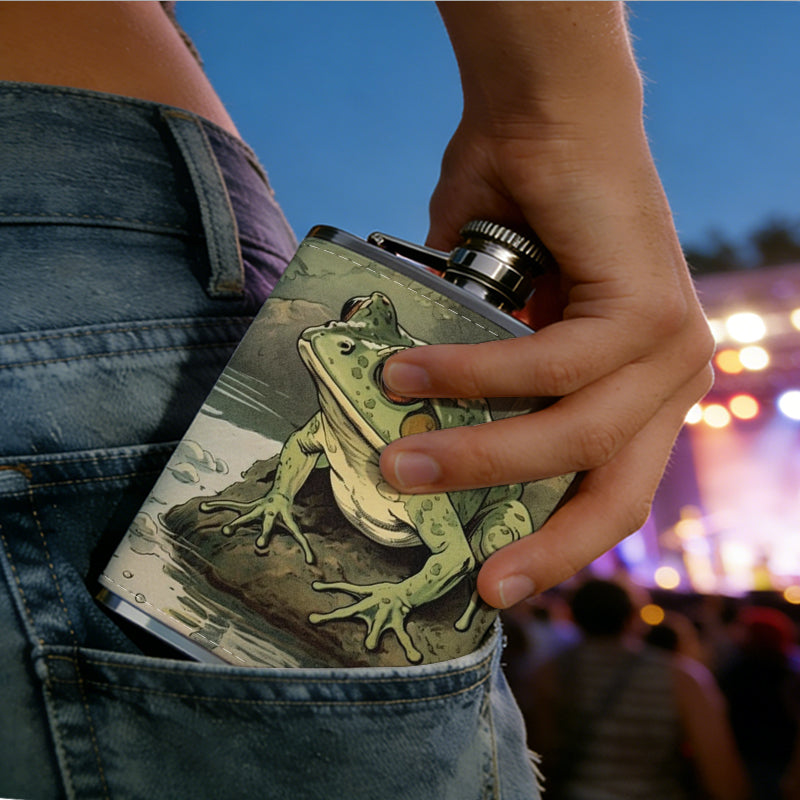 Two green frogs on stone by water One 8oz Flask – Carries Whiskey, Wine & Juice, Portable Outdoor Gift for Friends