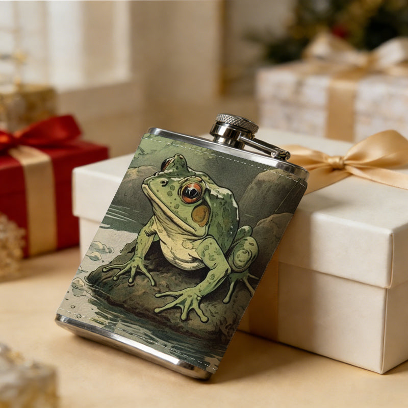 Two green frogs on stone by water One 8oz Flask – Carries Whiskey, Wine & Juice, Portable Outdoor Gift for Friends
