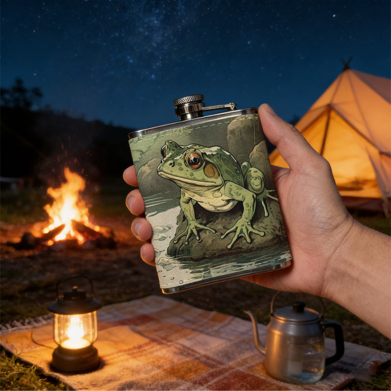Two green frogs on stone by water One 8oz Flask – Carries Whiskey, Wine & Juice, Portable Outdoor Gift for Friends