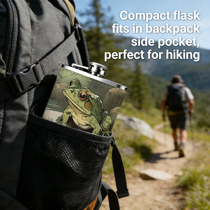 Two green frogs on stone by water One 8oz Flask – Carries Whiskey, Wine & Juice, Portable Outdoor Gift for Friends