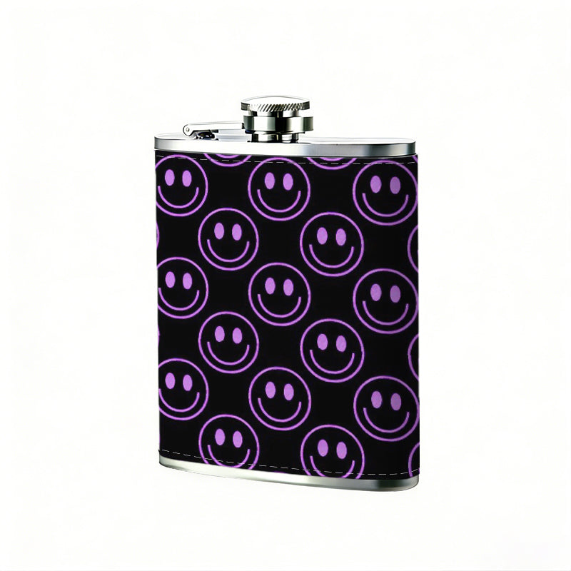 Black background with purple smiley faces 8oz Stainless Steel Whiskey Flask with Fashionable pattern print Design - Portable Outdoor Camping & Hunting Flask, Perfect for Tequila, Whiskey, and Spirits - Unique Father'S Day Christmas Gift