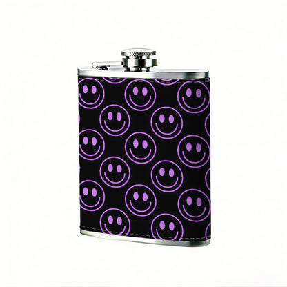 Black background with purple smiley faces 8oz Stainless Steel Whiskey Flask with Fashionable pattern print Design - Portable Outdoor Camping & Hunting Flask, Perfect for Tequila, Whiskey, and Spirits - Unique Father'S Day Christmas Gift