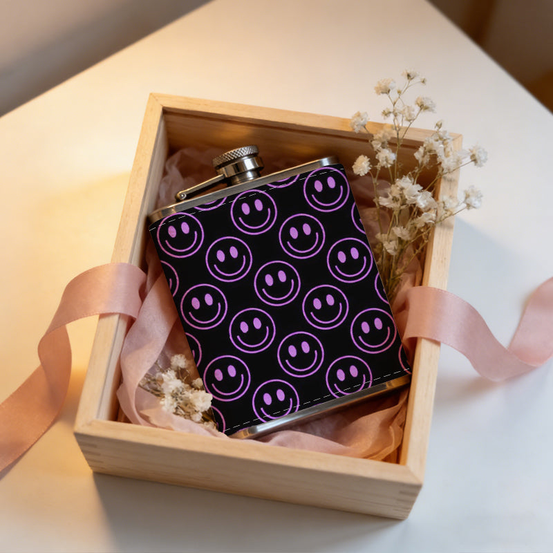 Black background with purple smiley faces 8oz Stainless Steel Whiskey Flask with Fashionable pattern print Design - Portable Outdoor Camping & Hunting Flask, Perfect for Tequila, Whiskey, and Spirits - Unique Father'S Day Christmas Gift