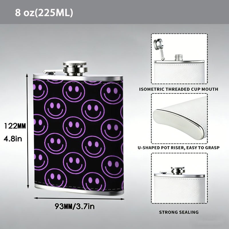 Black background with purple smiley faces 8oz Stainless Steel Whiskey Flask with Fashionable pattern print Design - Portable Outdoor Camping & Hunting Flask, Perfect for Tequila, Whiskey, and Spirits - Unique Father'S Day Christmas Gift