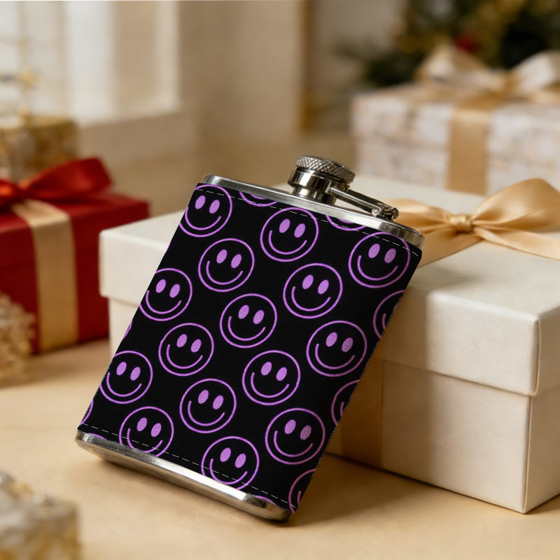 Black background with purple smiley faces 8oz Stainless Steel Whiskey Flask with Fashionable pattern print Design - Portable Outdoor Camping & Hunting Flask, Perfect for Tequila, Whiskey, and Spirits - Unique Father'S Day Christmas Gift
