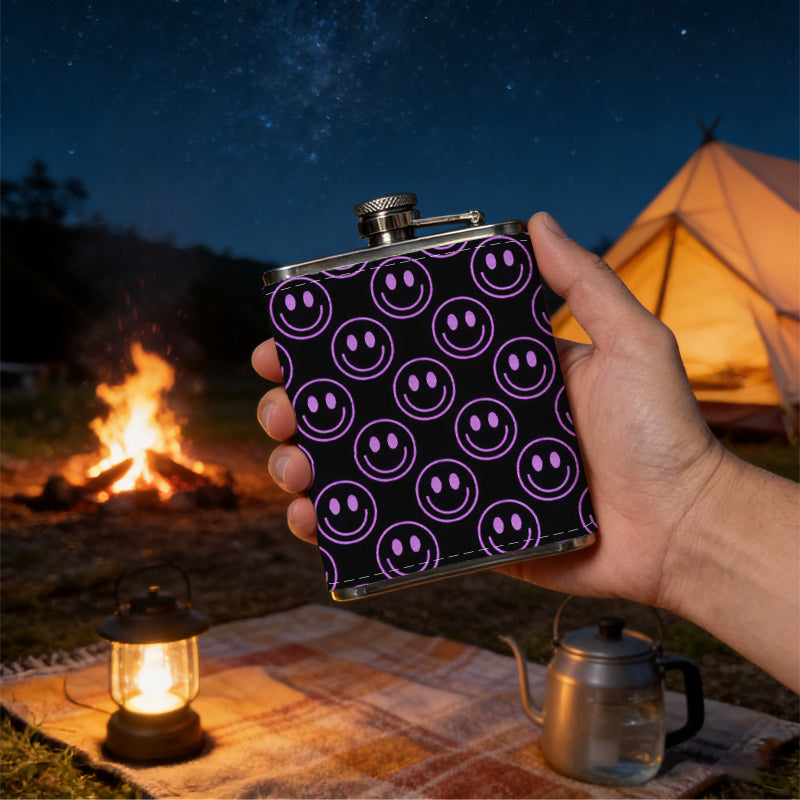 Black background with purple smiley faces 8oz Stainless Steel Whiskey Flask with Fashionable pattern print Design - Portable Outdoor Camping & Hunting Flask, Perfect for Tequila, Whiskey, and Spirits - Unique Father'S Day Christmas Gift