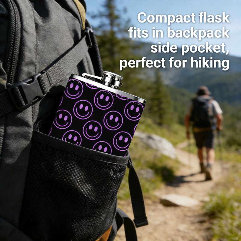 Black background with purple smiley faces 8oz Stainless Steel Whiskey Flask with Fashionable pattern print Design - Portable Outdoor Camping & Hunting Flask, Perfect for Tequila, Whiskey, and Spirits - Unique Father'S Day Christmas Gift