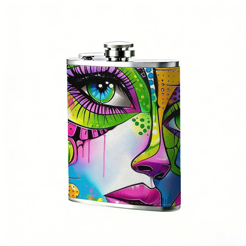 Colorful abstract face art 8oz Stainless Steel Whiskey Flask with Fashionable pattern print Design - Portable Outdoor Camping & Hunting Flask, Perfect for Tequila, Whiskey, and Spirits - Unique Father'S Day Christmas Gift