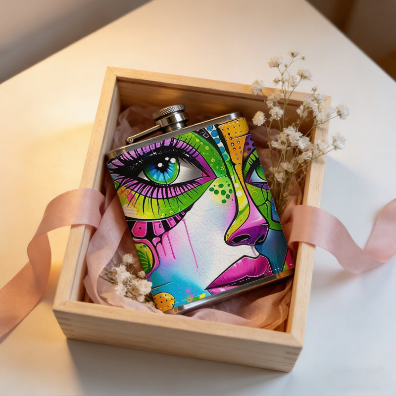 Colorful abstract face art 8oz Stainless Steel Whiskey Flask with Fashionable pattern print Design - Portable Outdoor Camping & Hunting Flask, Perfect for Tequila, Whiskey, and Spirits - Unique Father'S Day Christmas Gift
