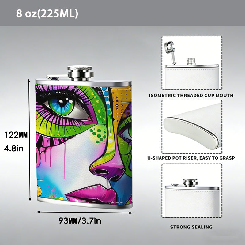 Colorful abstract face art 8oz Stainless Steel Whiskey Flask with Fashionable pattern print Design - Portable Outdoor Camping & Hunting Flask, Perfect for Tequila, Whiskey, and Spirits - Unique Father'S Day Christmas Gift