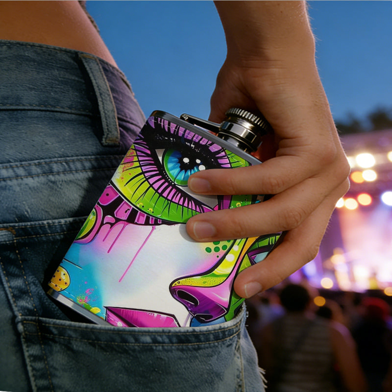 Colorful abstract face art 8oz Stainless Steel Whiskey Flask with Fashionable pattern print Design - Portable Outdoor Camping & Hunting Flask, Perfect for Tequila, Whiskey, and Spirits - Unique Father'S Day Christmas Gift