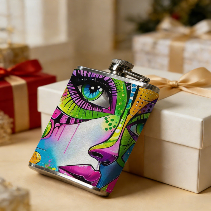 Colorful abstract face art 8oz Stainless Steel Whiskey Flask with Fashionable pattern print Design - Portable Outdoor Camping & Hunting Flask, Perfect for Tequila, Whiskey, and Spirits - Unique Father'S Day Christmas Gift