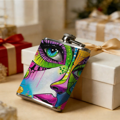 Colorful abstract face art 8oz Stainless Steel Whiskey Flask with Fashionable pattern print Design - Portable Outdoor Camping & Hunting Flask, Perfect for Tequila, Whiskey, and Spirits - Unique Father'S Day Christmas Gift
