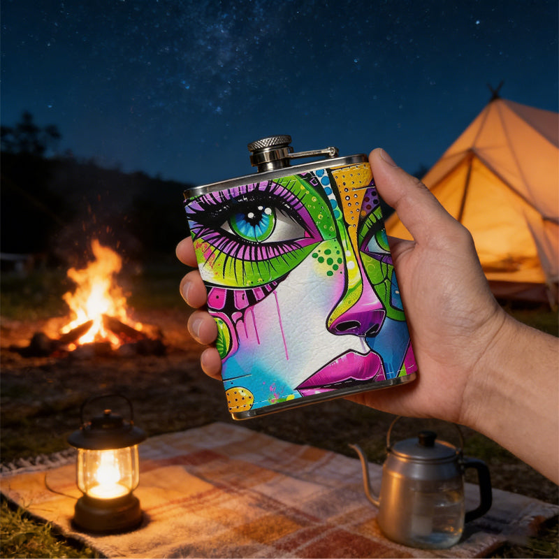 Colorful abstract face art 8oz Stainless Steel Whiskey Flask with Fashionable pattern print Design - Portable Outdoor Camping & Hunting Flask, Perfect for Tequila, Whiskey, and Spirits - Unique Father'S Day Christmas Gift
