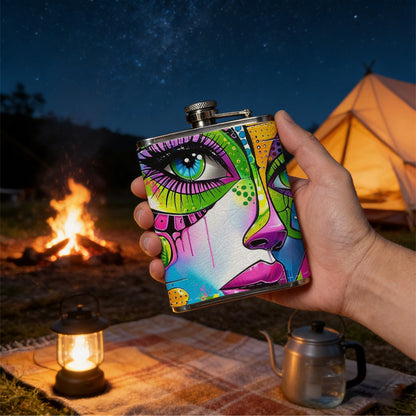 Colorful abstract face art 8oz Stainless Steel Whiskey Flask with Fashionable pattern print Design - Portable Outdoor Camping & Hunting Flask, Perfect for Tequila, Whiskey, and Spirits - Unique Father'S Day Christmas Gift