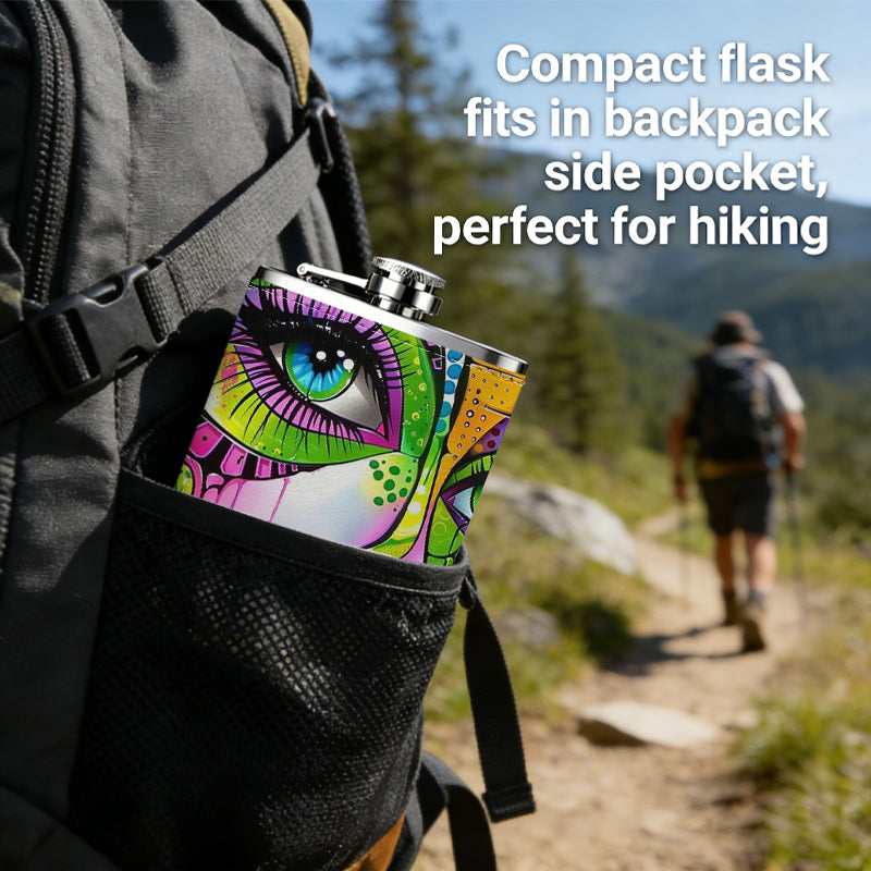 Colorful abstract face art 8oz Stainless Steel Whiskey Flask with Fashionable pattern print Design - Portable Outdoor Camping & Hunting Flask, Perfect for Tequila, Whiskey, and Spirits - Unique Father'S Day Christmas Gift