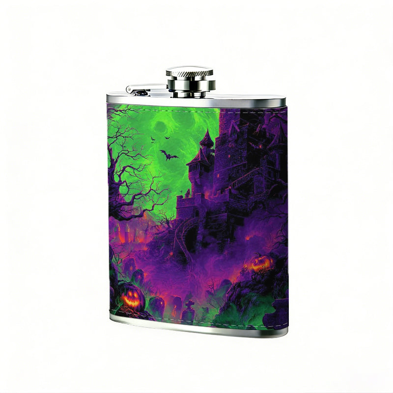 Glowing green skull on dark background 8oz Stainless Steel Whiskey Flask with Fashionable pattern print Design - Portable Outdoor Camping & Hunting Flask, Perfect for Tequila, Whiskey, and Spirits - Unique Father'S Day Christmas Gift
