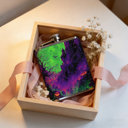 Glowing green skull on dark background 8oz Stainless Steel Whiskey Flask with Fashionable pattern print Design - Portable Outdoor Camping & Hunting Flask, Perfect for Tequila, Whiskey, and Spirits - Unique Father'S Day Christmas Gift
