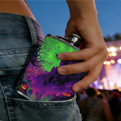 Glowing green skull on dark background 8oz Stainless Steel Whiskey Flask with Fashionable pattern print Design - Portable Outdoor Camping & Hunting Flask, Perfect for Tequila, Whiskey, and Spirits - Unique Father'S Day Christmas Gift