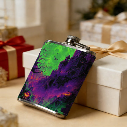 Glowing green skull on dark background 8oz Stainless Steel Whiskey Flask with Fashionable pattern print Design - Portable Outdoor Camping & Hunting Flask, Perfect for Tequila, Whiskey, and Spirits - Unique Father'S Day Christmas Gift
