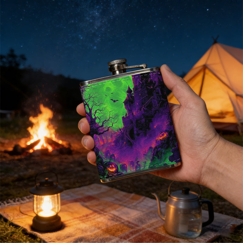 Glowing green skull on dark background 8oz Stainless Steel Whiskey Flask with Fashionable pattern print Design - Portable Outdoor Camping & Hunting Flask, Perfect for Tequila, Whiskey, and Spirits - Unique Father'S Day Christmas Gift