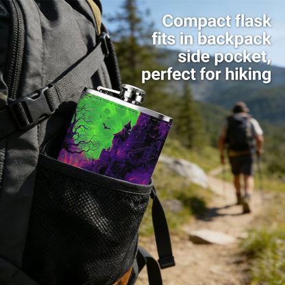 Glowing green skull on dark background 8oz Stainless Steel Whiskey Flask with Fashionable pattern print Design - Portable Outdoor Camping & Hunting Flask, Perfect for Tequila, Whiskey, and Spirits - Unique Father'S Day Christmas Gift