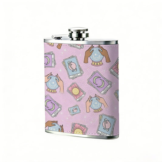 Cartoon banknotes and coins on pink background 8oz Stainless Steel Whiskey Flask with Fashionable pattern print Design - Portable Outdoor Camping & Hunting Flask, Perfect for Tequila, Whiskey, and Spirits - Unique Father'S Day Christmas Gift