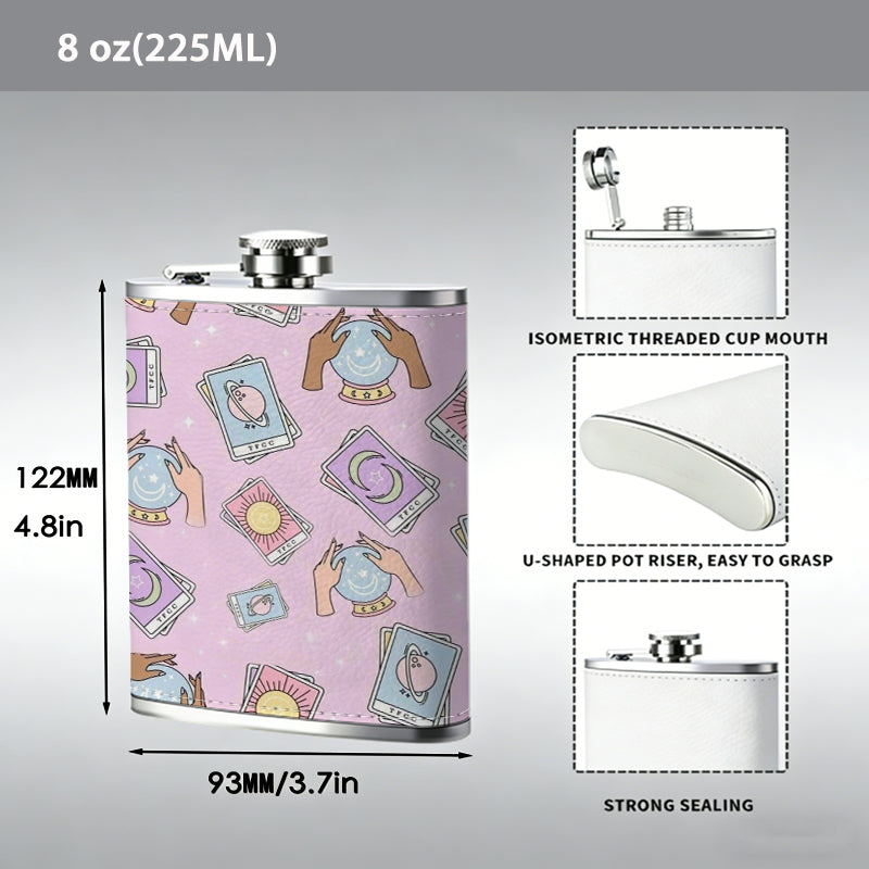 Cartoon banknotes and coins on pink background 8oz Stainless Steel Whiskey Flask with Fashionable pattern print Design - Portable Outdoor Camping & Hunting Flask, Perfect for Tequila, Whiskey, and Spirits - Unique Father'S Day Christmas Gift