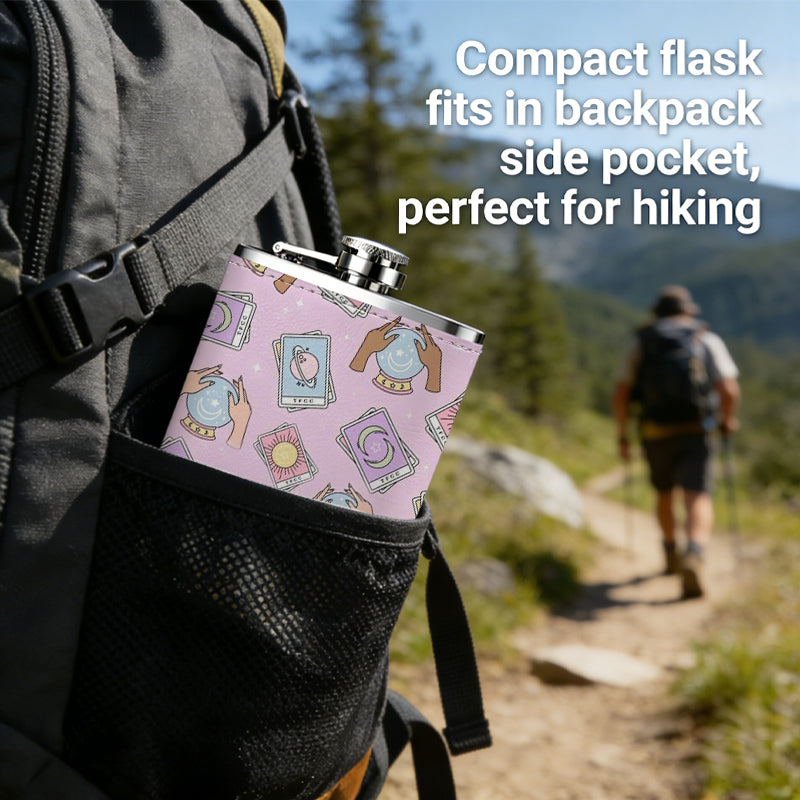 Cartoon banknotes and coins on pink background 8oz Stainless Steel Whiskey Flask with Fashionable pattern print Design - Portable Outdoor Camping & Hunting Flask, Perfect for Tequila, Whiskey, and Spirits - Unique Father'S Day Christmas Gift