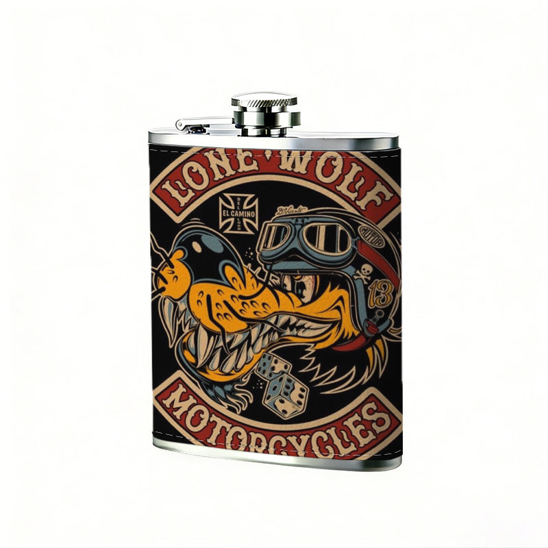 Lone Wolf Motorcycle Club Badge 8oz Stainless Steel Whiskey Flask with Fashionable pattern print Design - Portable Outdoor Camping & Hunting Flask, Perfect for Tequila, Whiskey, and Spirits - Unique Father'S Day Christmas Gift
