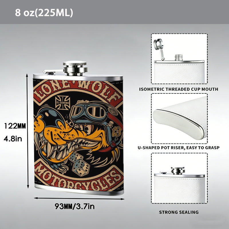 Lone Wolf Motorcycle Club Badge 8oz Stainless Steel Whiskey Flask with Fashionable pattern print Design - Portable Outdoor Camping & Hunting Flask, Perfect for Tequila, Whiskey, and Spirits - Unique Father'S Day Christmas Gift
