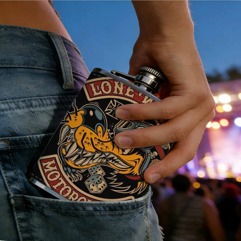 Lone Wolf Motorcycle Club Badge 8oz Stainless Steel Whiskey Flask with Fashionable pattern print Design - Portable Outdoor Camping & Hunting Flask, Perfect for Tequila, Whiskey, and Spirits - Unique Father'S Day Christmas Gift