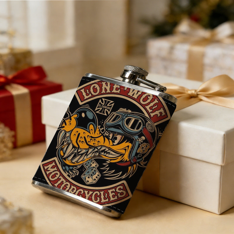 Lone Wolf Motorcycle Club Badge 8oz Stainless Steel Whiskey Flask with Fashionable pattern print Design - Portable Outdoor Camping & Hunting Flask, Perfect for Tequila, Whiskey, and Spirits - Unique Father'S Day Christmas Gift
