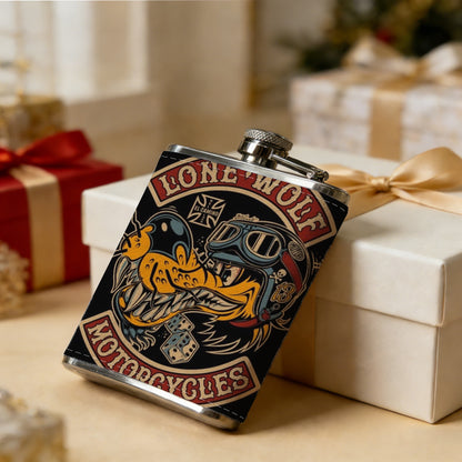 Lone Wolf Motorcycle Club Badge 8oz Stainless Steel Whiskey Flask with Fashionable pattern print Design - Portable Outdoor Camping & Hunting Flask, Perfect for Tequila, Whiskey, and Spirits - Unique Father'S Day Christmas Gift