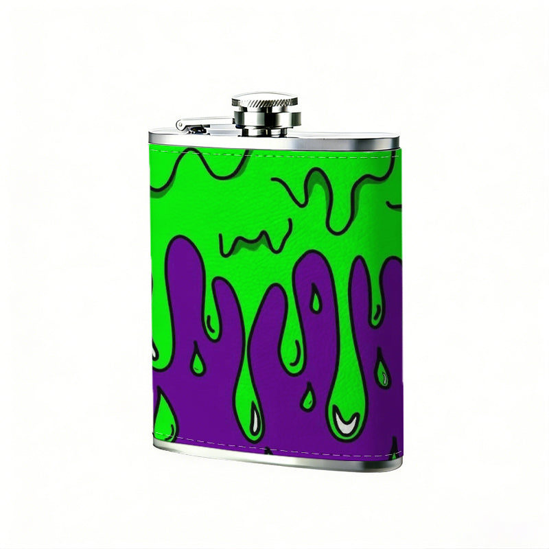 Purple wavy designs on green background 8oz Stainless Steel Whiskey Flask with Fashionable pattern print Design - Portable Outdoor Camping & Hunting Flask, Perfect for Tequila, Whiskey, and Spirits - Unique Father'S Day Christmas Gift