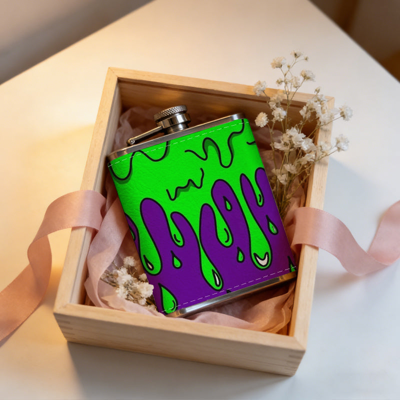 Purple wavy designs on green background 8oz Stainless Steel Whiskey Flask with Fashionable pattern print Design - Portable Outdoor Camping & Hunting Flask, Perfect for Tequila, Whiskey, and Spirits - Unique Father'S Day Christmas Gift