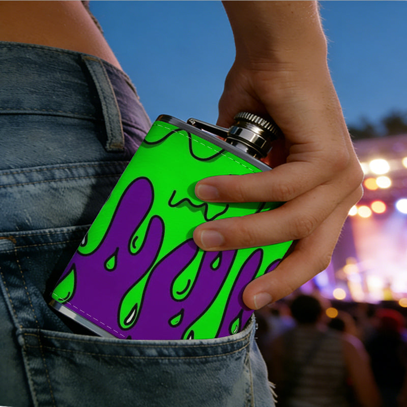 Purple wavy designs on green background 8oz Stainless Steel Whiskey Flask with Fashionable pattern print Design - Portable Outdoor Camping & Hunting Flask, Perfect for Tequila, Whiskey, and Spirits - Unique Father'S Day Christmas Gift