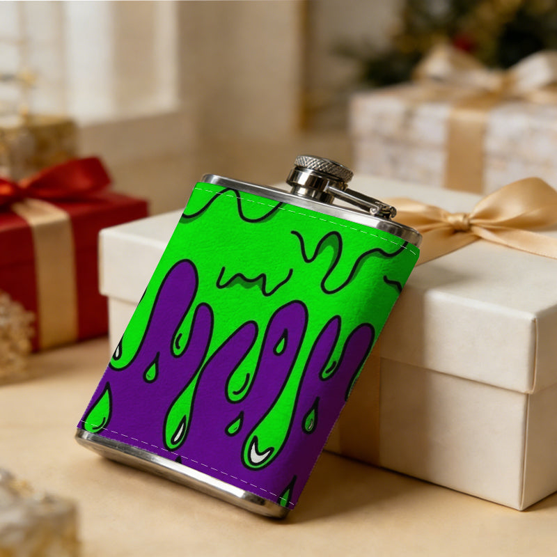 Purple wavy designs on green background 8oz Stainless Steel Whiskey Flask with Fashionable pattern print Design - Portable Outdoor Camping & Hunting Flask, Perfect for Tequila, Whiskey, and Spirits - Unique Father'S Day Christmas Gift