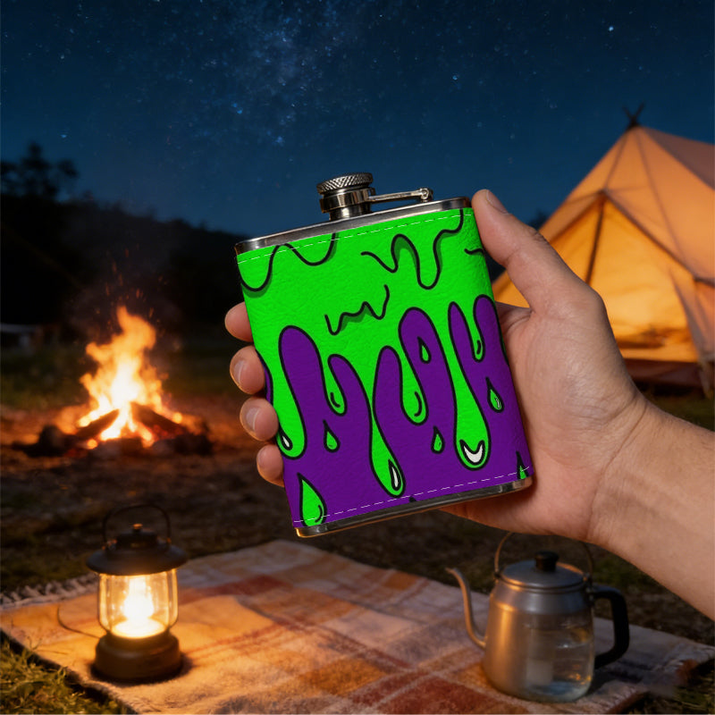 Purple wavy designs on green background 8oz Stainless Steel Whiskey Flask with Fashionable pattern print Design - Portable Outdoor Camping & Hunting Flask, Perfect for Tequila, Whiskey, and Spirits - Unique Father'S Day Christmas Gift