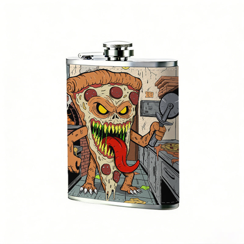 Cartoon pizza monster in a kitchen 8oz Stainless Steel Whiskey Flask with Fashionable pattern print Design - Portable Outdoor Camping & Hunting Flask, Perfect for Tequila, Whiskey, and Spirits - Unique Father'S Day Christmas Gift