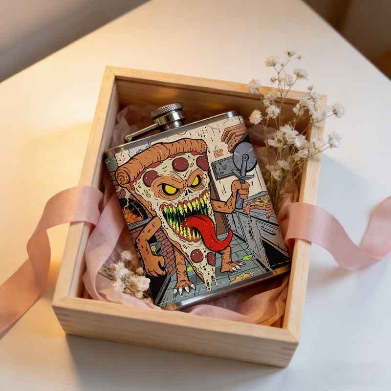 Cartoon pizza monster in a kitchen 8oz Stainless Steel Whiskey Flask with Fashionable pattern print Design - Portable Outdoor Camping & Hunting Flask, Perfect for Tequila, Whiskey, and Spirits - Unique Father'S Day Christmas Gift