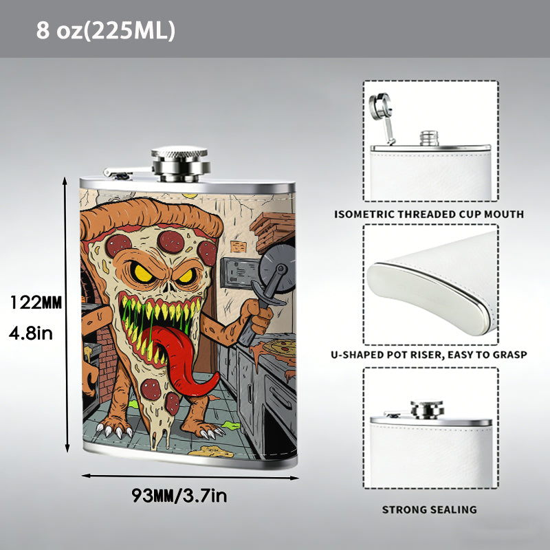 Cartoon pizza monster in a kitchen 8oz Stainless Steel Whiskey Flask with Fashionable pattern print Design - Portable Outdoor Camping & Hunting Flask, Perfect for Tequila, Whiskey, and Spirits - Unique Father'S Day Christmas Gift