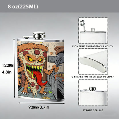 Cartoon pizza monster in a kitchen 8oz Stainless Steel Whiskey Flask with Fashionable pattern print Design - Portable Outdoor Camping & Hunting Flask, Perfect for Tequila, Whiskey, and Spirits - Unique Father'S Day Christmas Gift