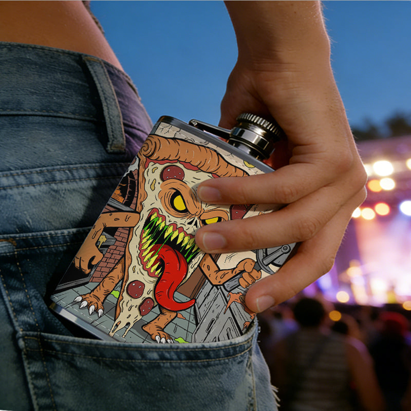 Cartoon pizza monster in a kitchen 8oz Stainless Steel Whiskey Flask with Fashionable pattern print Design - Portable Outdoor Camping & Hunting Flask, Perfect for Tequila, Whiskey, and Spirits - Unique Father'S Day Christmas Gift