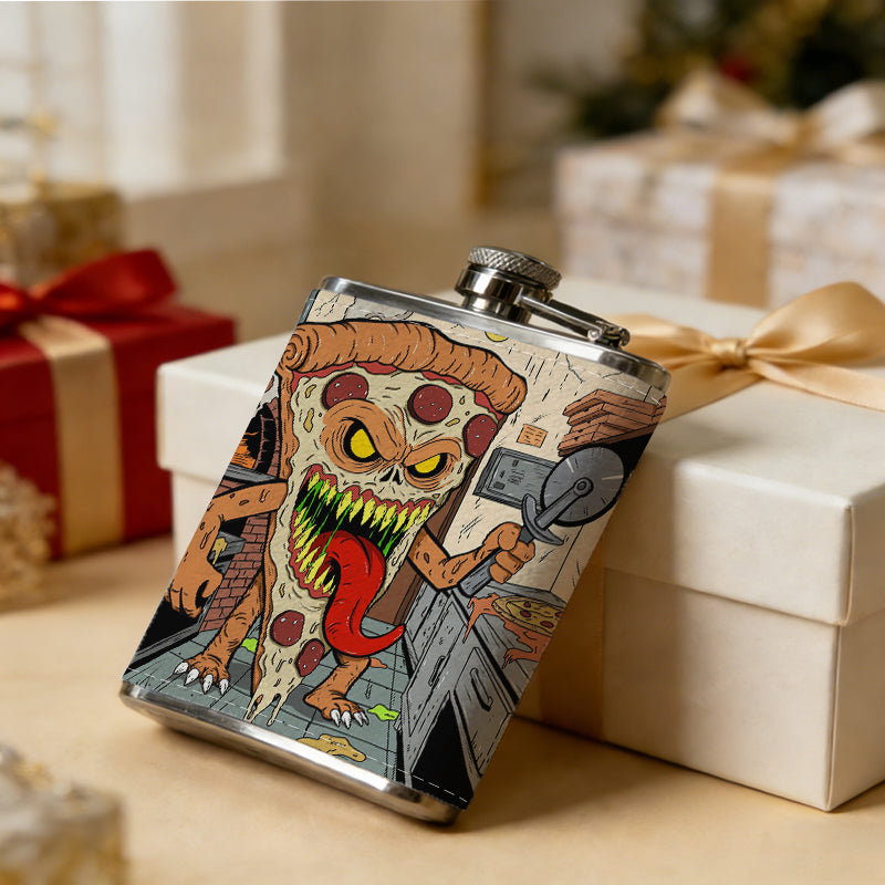 Cartoon pizza monster in a kitchen 8oz Stainless Steel Whiskey Flask with Fashionable pattern print Design - Portable Outdoor Camping & Hunting Flask, Perfect for Tequila, Whiskey, and Spirits - Unique Father'S Day Christmas Gift