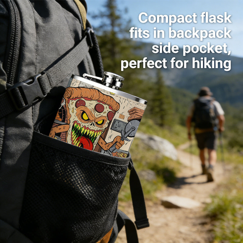 Cartoon pizza monster in a kitchen 8oz Stainless Steel Whiskey Flask with Fashionable pattern print Design - Portable Outdoor Camping & Hunting Flask, Perfect for Tequila, Whiskey, and Spirits - Unique Father'S Day Christmas Gift