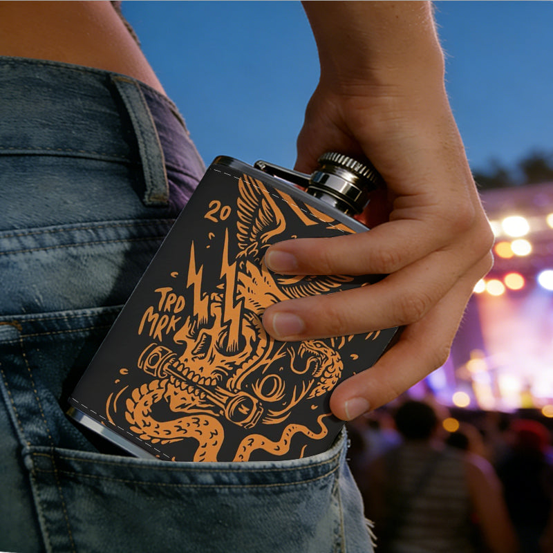 SS with snake and skull patterns 8oz Stainless Steel Whiskey Flask with Fashionable pattern print Design - Portable Outdoor Camping & Hunting Flask, Perfect for Tequila, Whiskey, and Spirits - Unique Father'S Day Christmas Gift