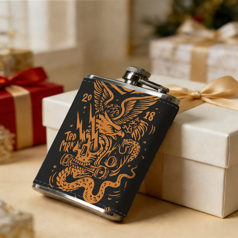 SS with snake and skull patterns 8oz Stainless Steel Whiskey Flask with Fashionable pattern print Design - Portable Outdoor Camping & Hunting Flask, Perfect for Tequila, Whiskey, and Spirits - Unique Father'S Day Christmas Gift